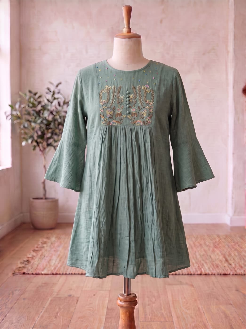 Sage Embroidered Flare Kurti